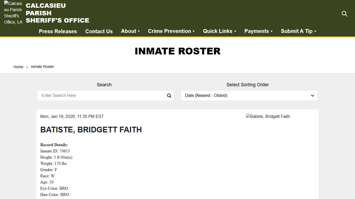Inmate Roster | Calcasieu Parish Sheriff's Office, LA